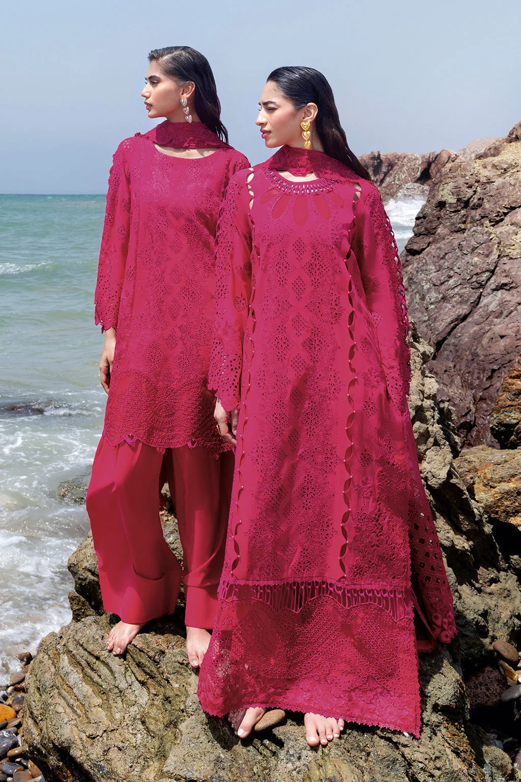 Shocking Pink long shirt with embroidered organza borders – view 8 – Poshaq