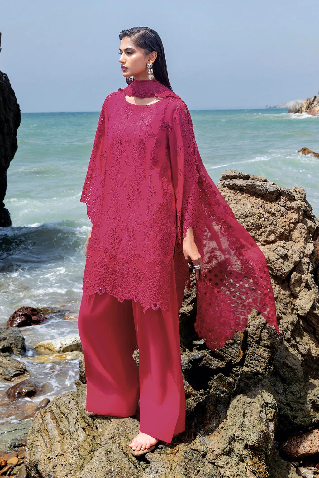 Shocking Pink long shirt with embroidered organza borders – view 9 – Poshaq