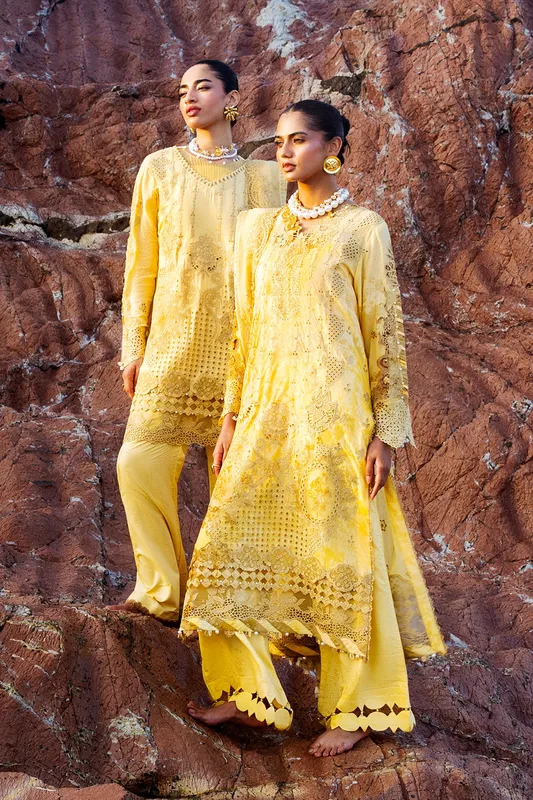Yellow long shirt with organza and lawn detailing, embroidered borders – view 1 – Poshaq