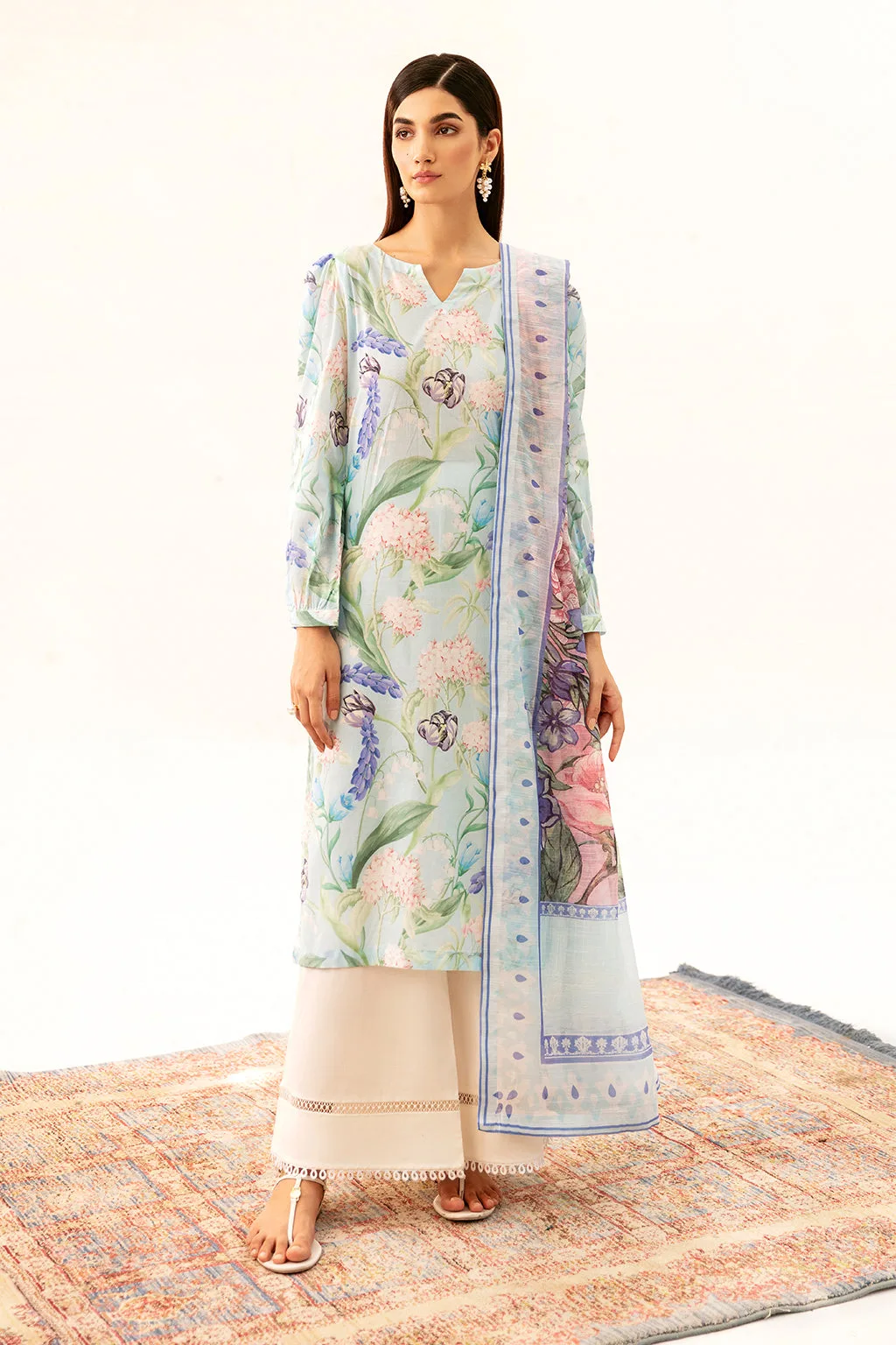 Light blue lawn long shirt with digital print detail – view 1 – Poshaq