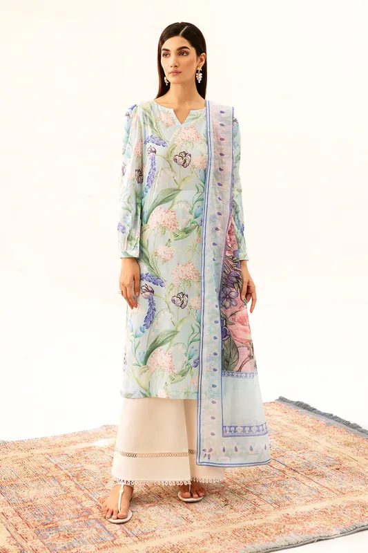 Light blue lawn long shirt with digital print detail – view 1 – Poshaq