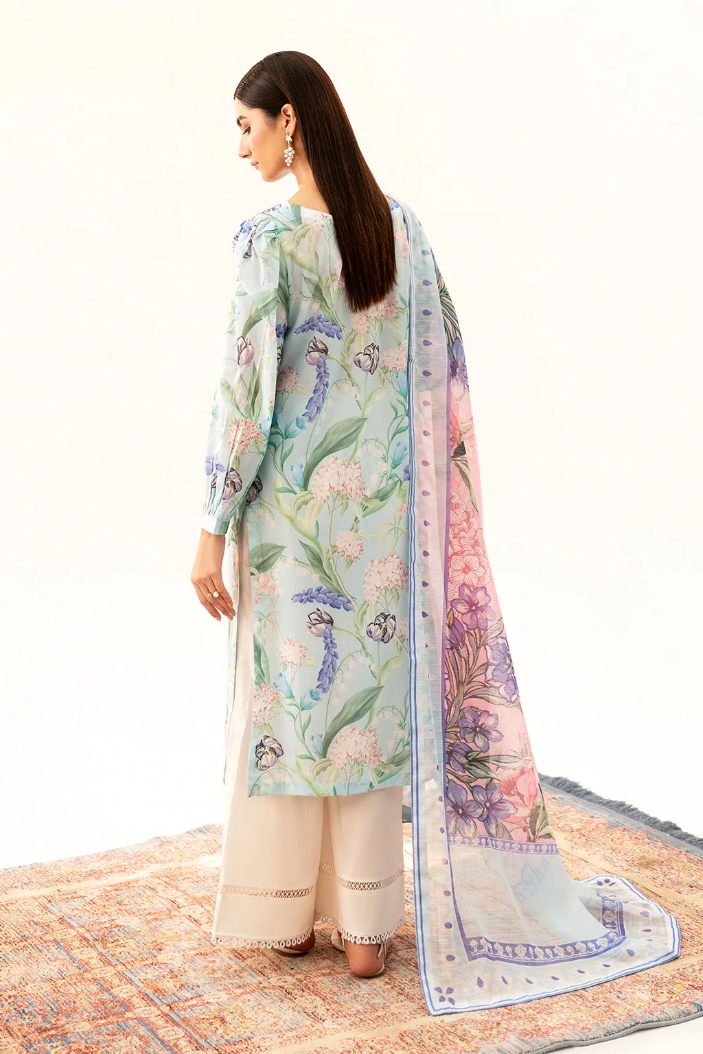 Light blue lawn long shirt with digital print detail – view 2 – Poshaq