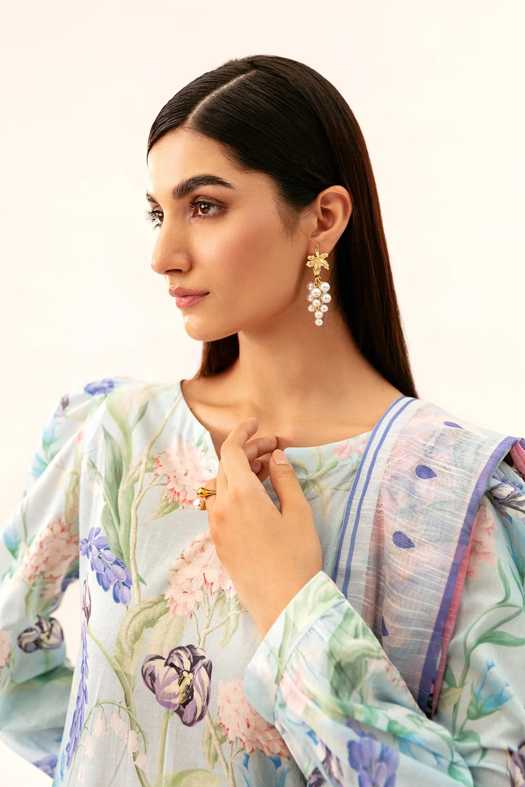 Light blue lawn long shirt with digital print detail – view 3 – Poshaq