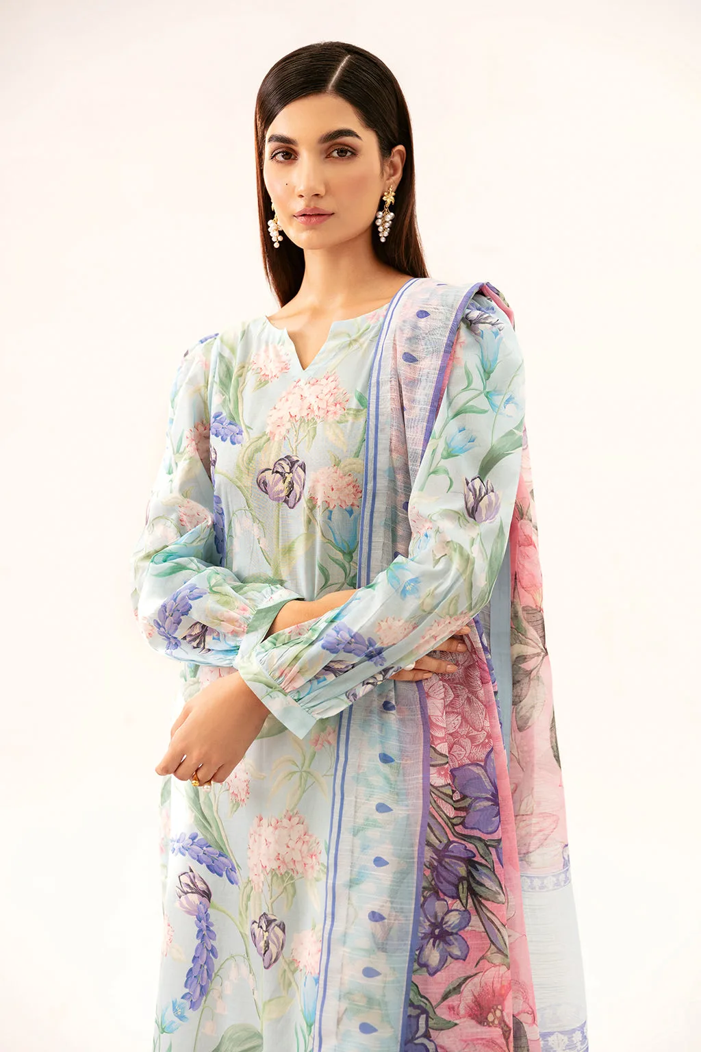 Light blue lawn long shirt with digital print detail – view 4 – Poshaq