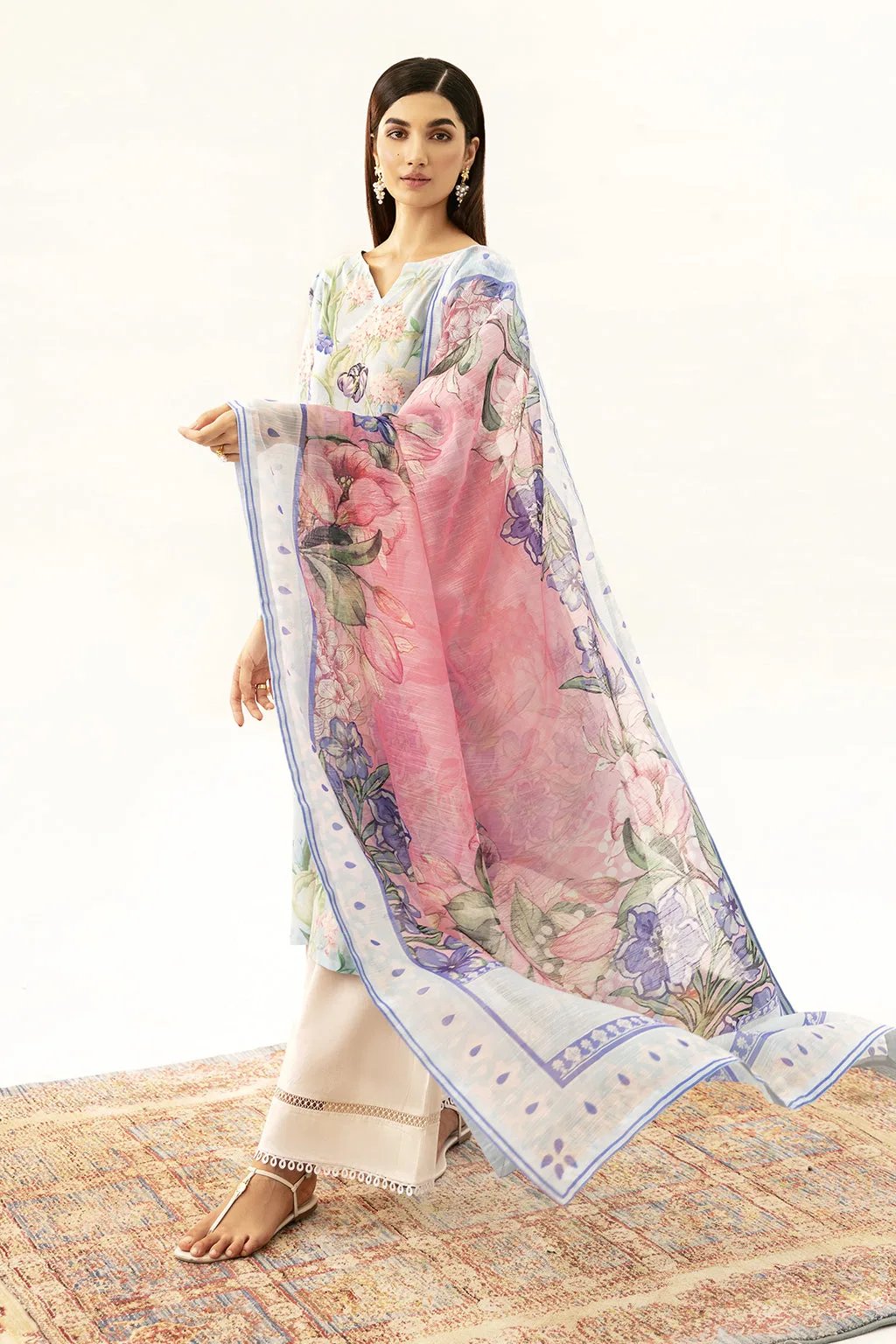 Light blue lawn long shirt with digital print detail – view 5 – Poshaq