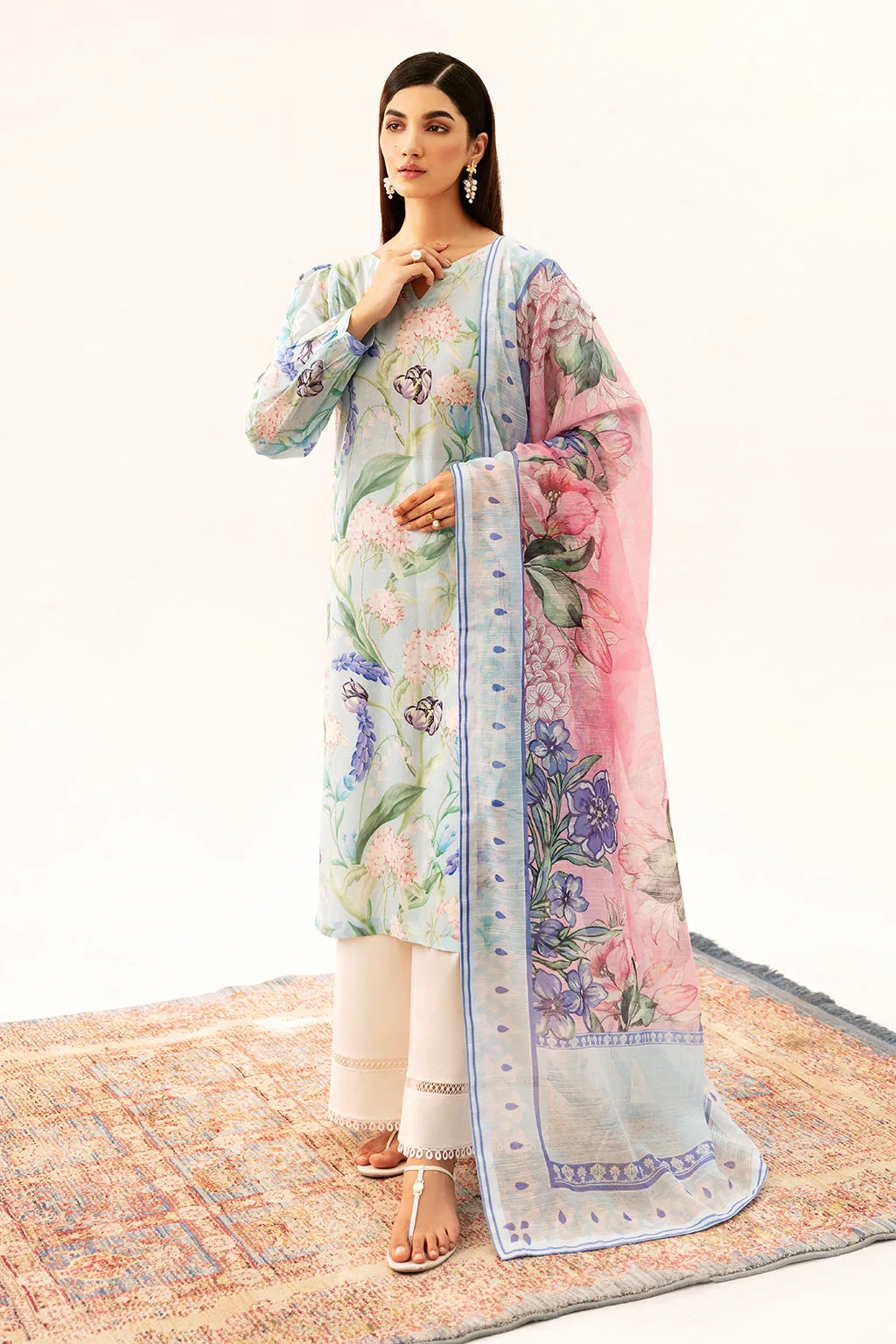 Light blue lawn long shirt with digital print detail – view 6 – Poshaq
