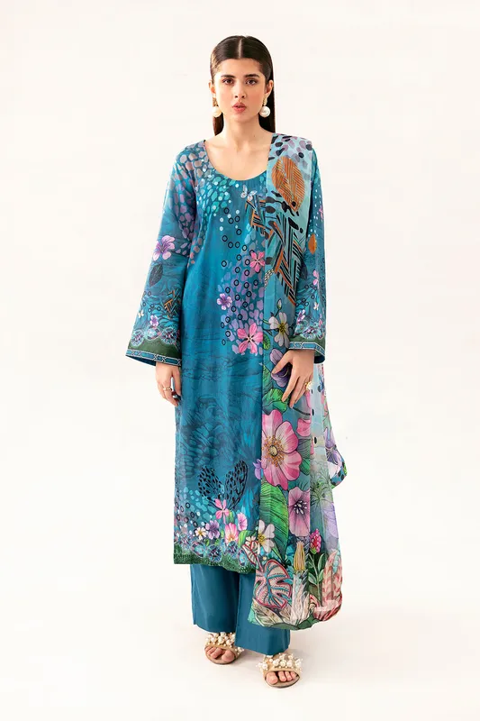 Teal blue chiffon and lawn long shirt with digital print – view 1 – Poshaq