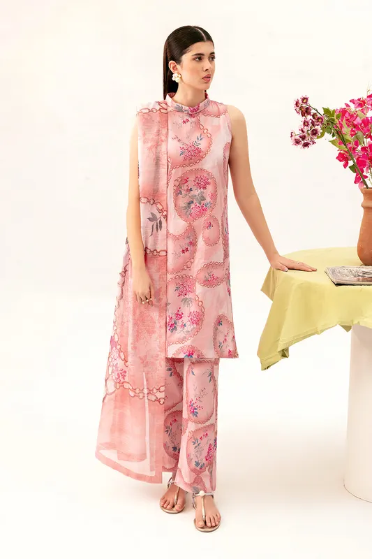 Pastel pink three‑piece lawn set with kurta, trousers and dupatta – view 1 – Poshaq
