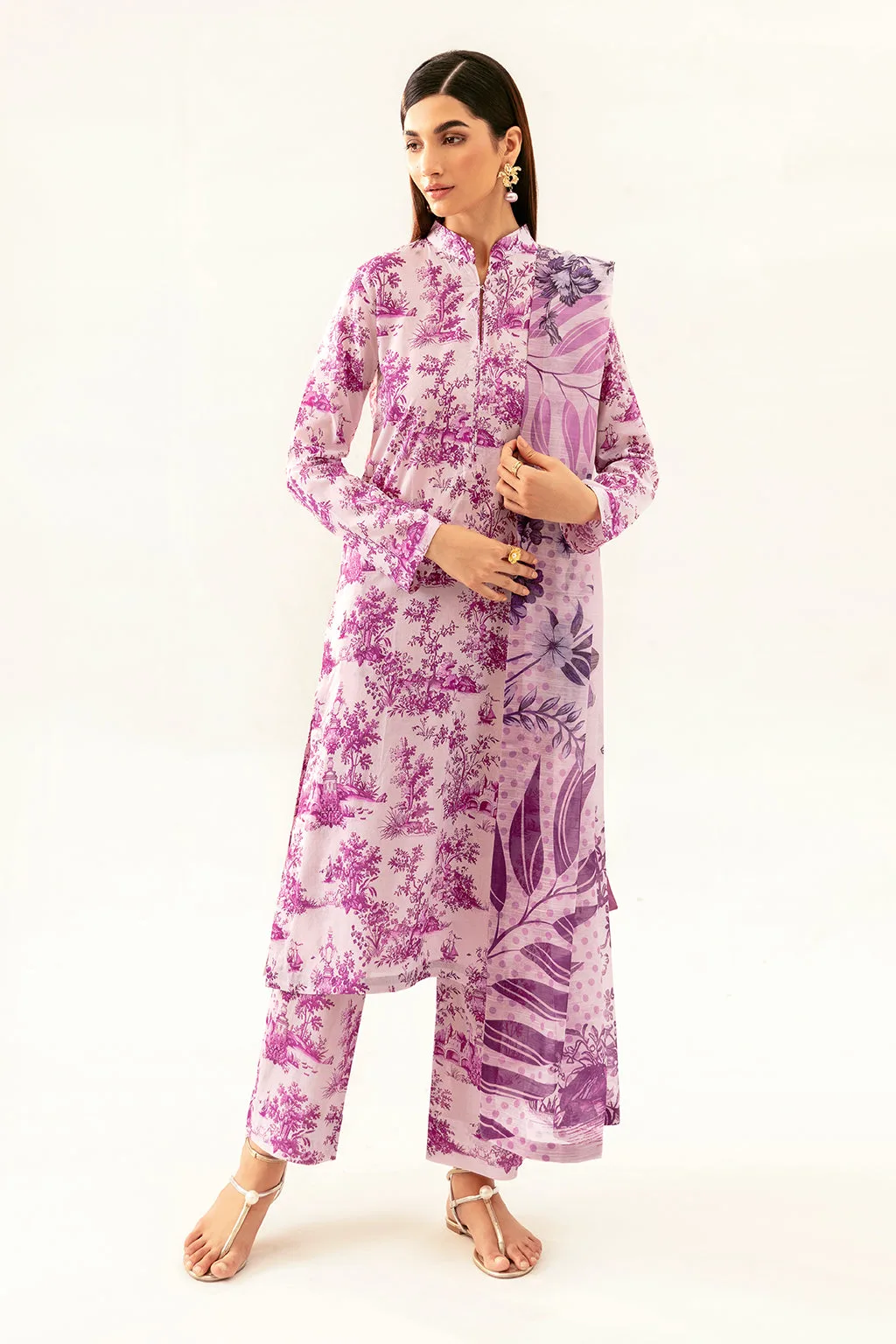 Lilac lawn long shirt with digital print – view 1 – Poshaq