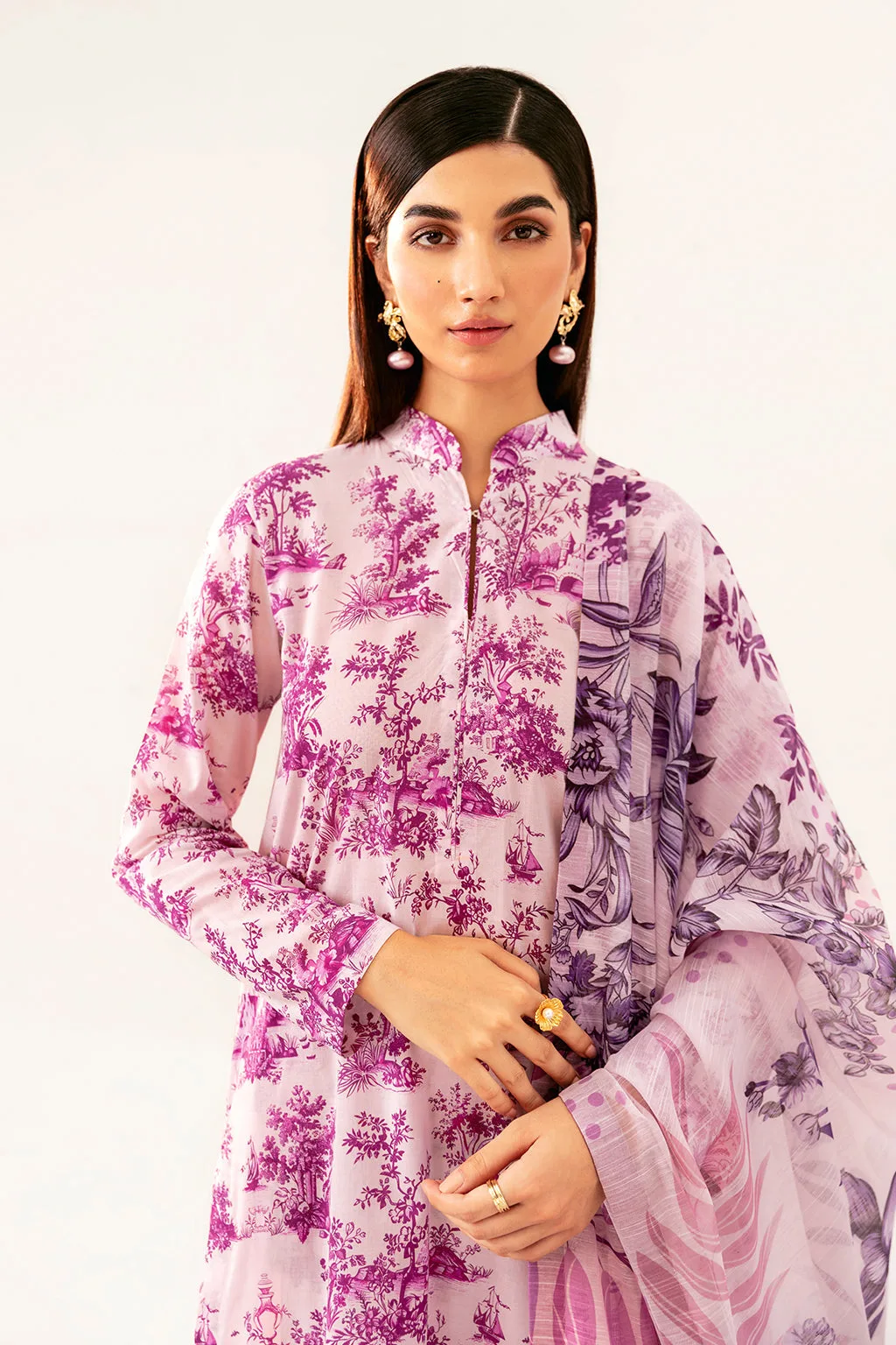 Lilac lawn long shirt with digital print – view 3 – Poshaq
