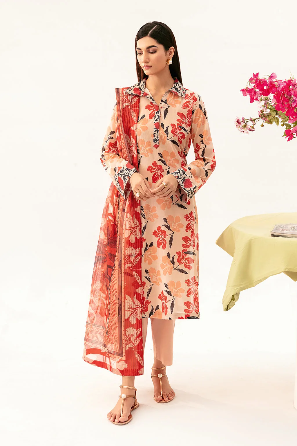 Pale peach long shirt in digital printed lawn fabric – view 1 – Poshaq