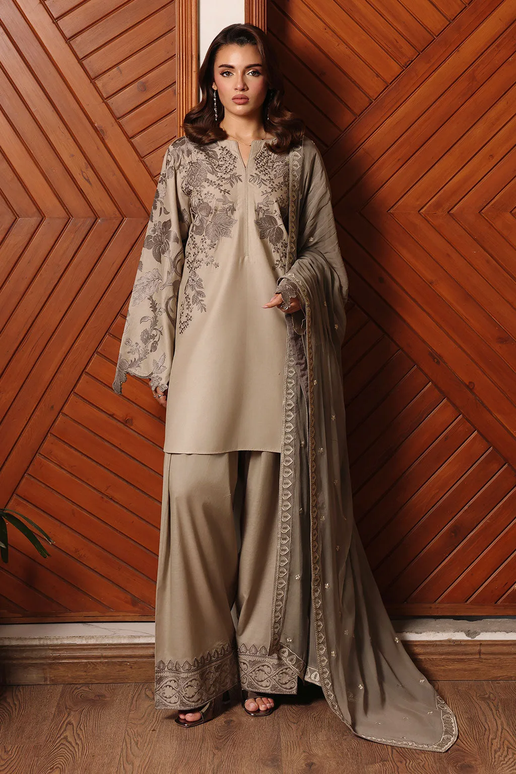 Coral gold organza suit with chiffon dupatta and lawn top – view 1 – Poshaq