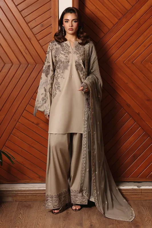 Coral gold organza suit with chiffon dupatta and lawn top – view 1 – Poshaq