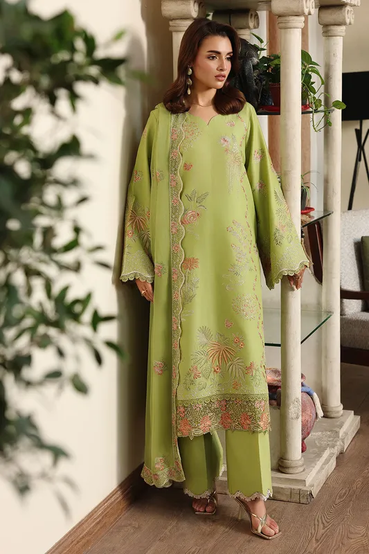 Light parrot green organza dress with embroidered sleeves and matching dupatta – view 1 – Poshaq