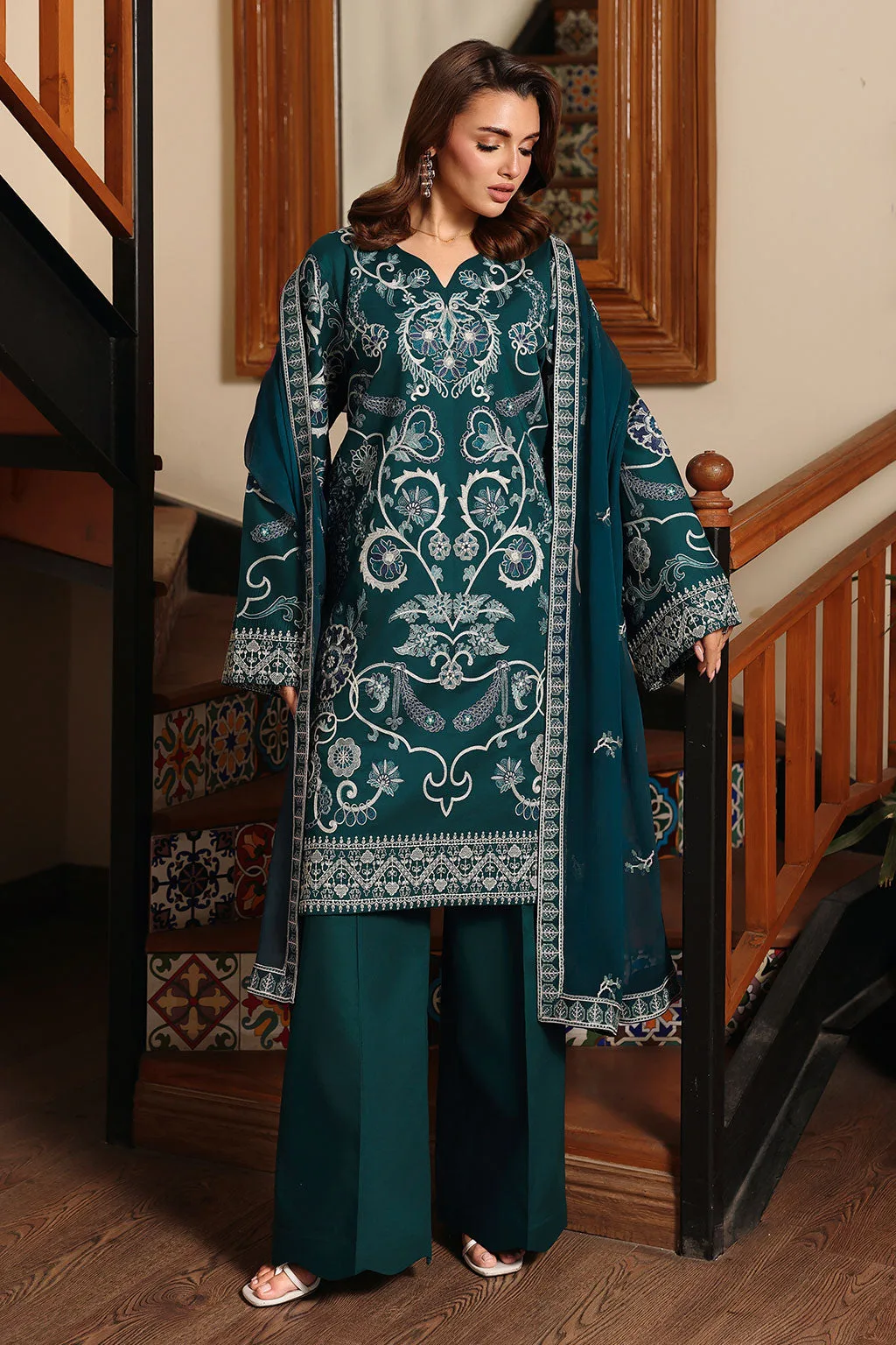Deep teal green Afsanah dress with organza embroidery – view 1 – Poshaq