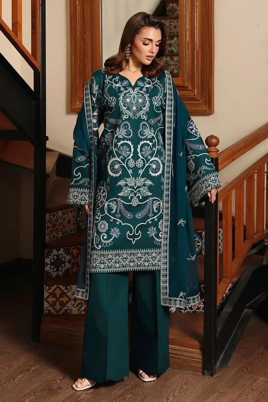 Deep teal green Afsanah dress with organza embroidery – view 1 – Poshaq