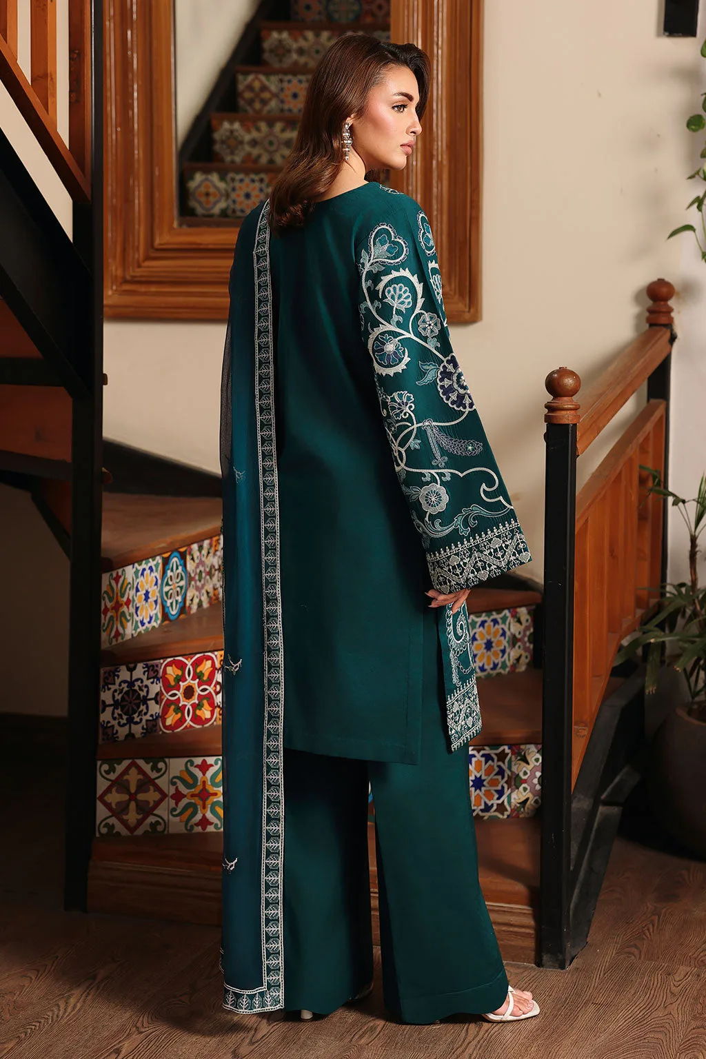 Deep teal green Afsanah dress with organza embroidery – view 2 – Poshaq