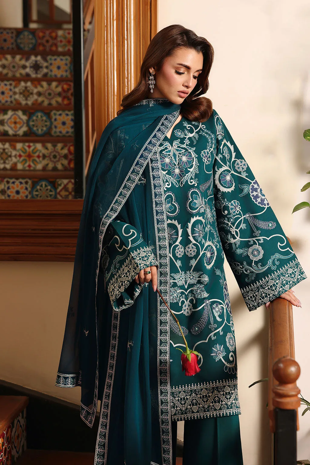 Deep teal green Afsanah dress with organza embroidery – view 3 – Poshaq