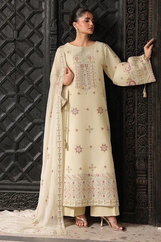 Pastel olive long shirt in lawn, chiffon and organza with subtle detailing – view 1 – Poshaq