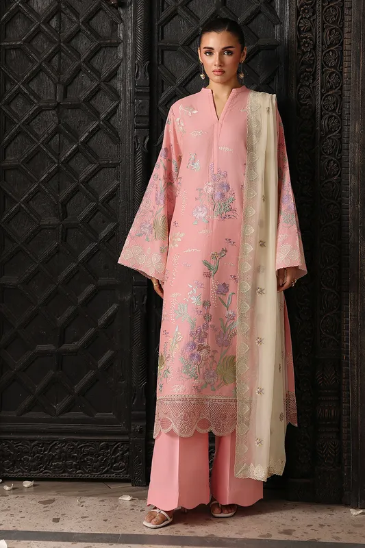 Light peach pink lawn suit with organza shirt, chiffon dupatta and lawn trousers – view 1 – Poshaq