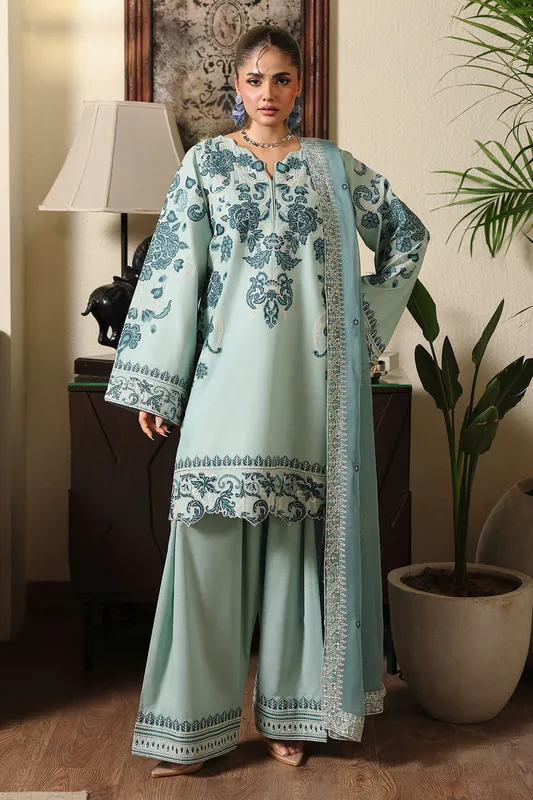 Light Ferozi organza chiffon dress with embroidered sleeves and dupatta – view 1 – Poshaq