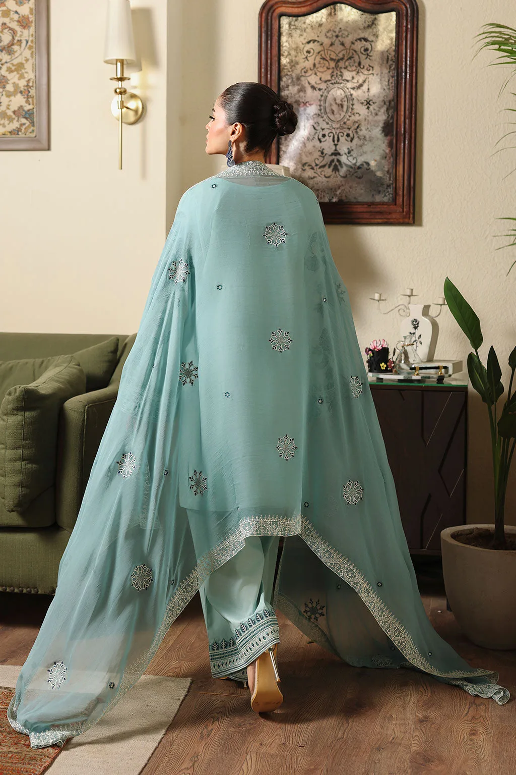 Light Ferozi organza chiffon dress with embroidered sleeves and dupatta – view 2 – Poshaq