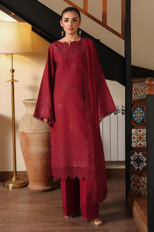 Maroon organza suit with chiffon and lawn details, long shirt style – view 1 – Poshaq