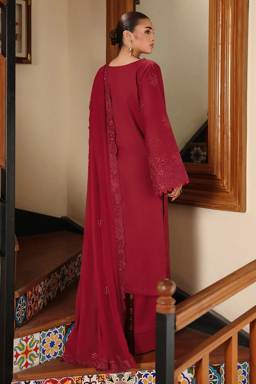 Maroon organza suit with chiffon and lawn details, long shirt style – view 2 – Poshaq
