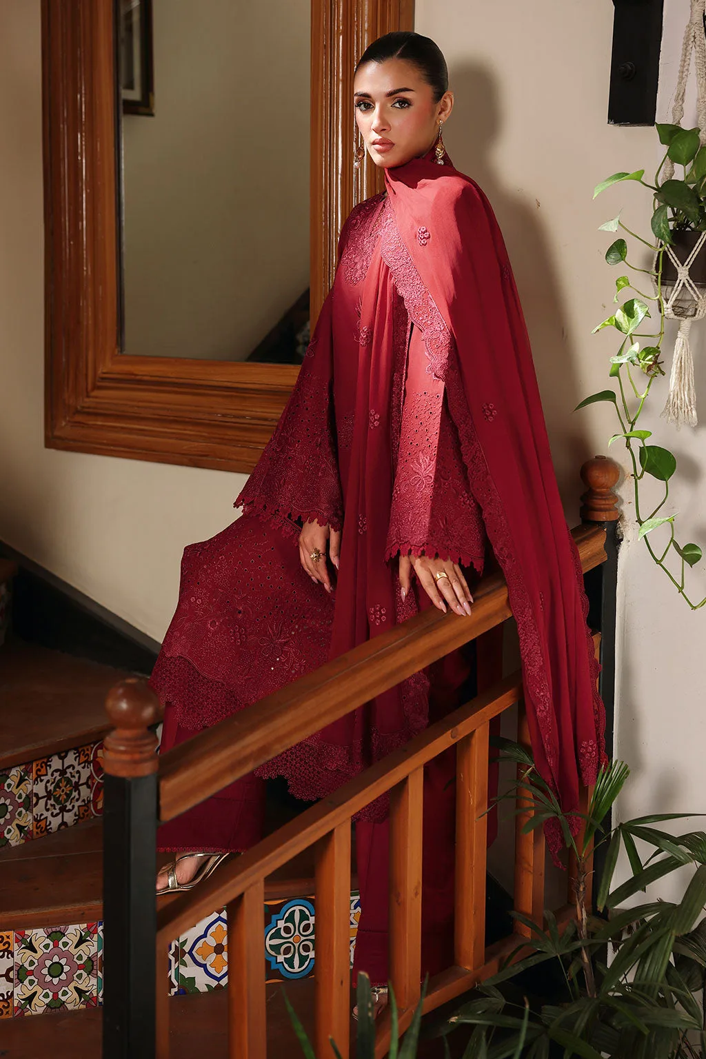Maroon organza suit with chiffon and lawn details, long shirt style – view 3 – Poshaq