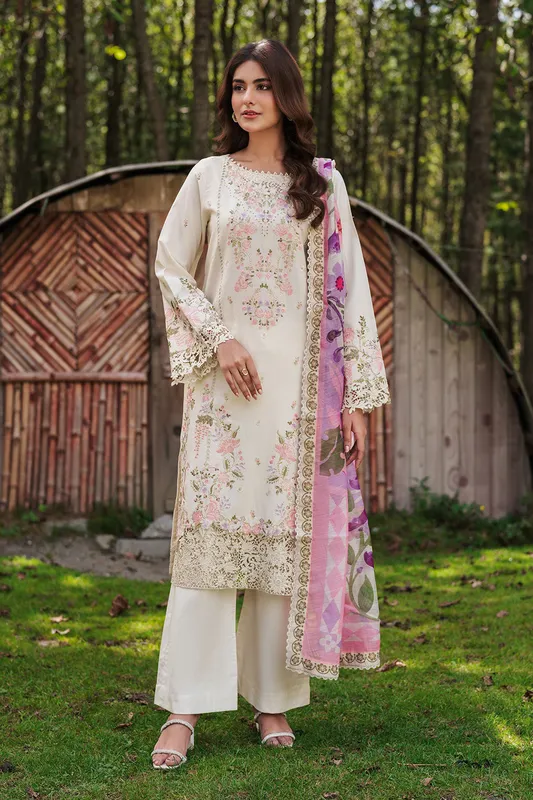 Off‑white organza shirt and lawn trousers with embroidered detailing – view 1 – Poshaq