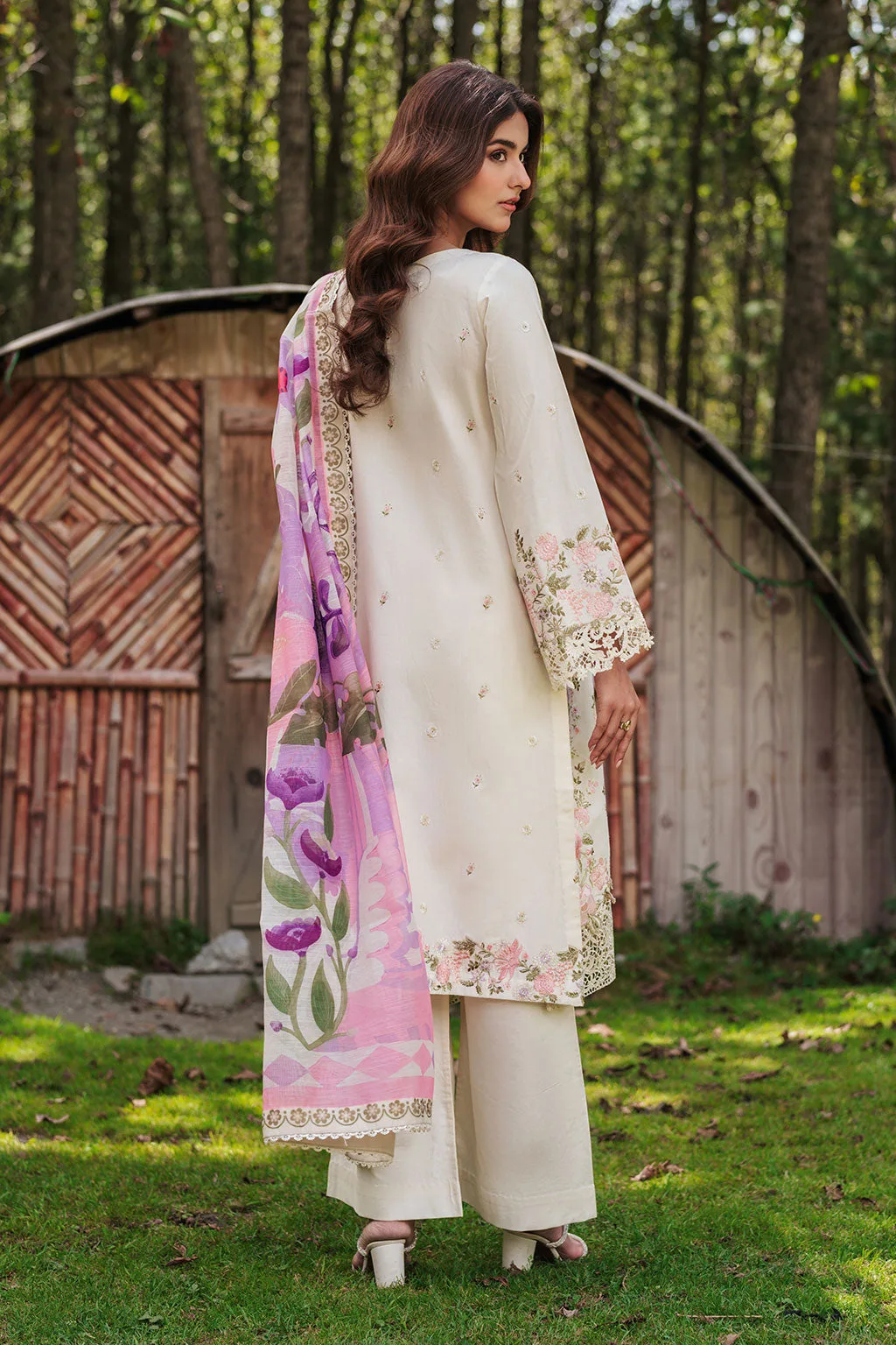 Off‑white organza shirt and lawn trousers with embroidered detailing – view 2 – Poshaq