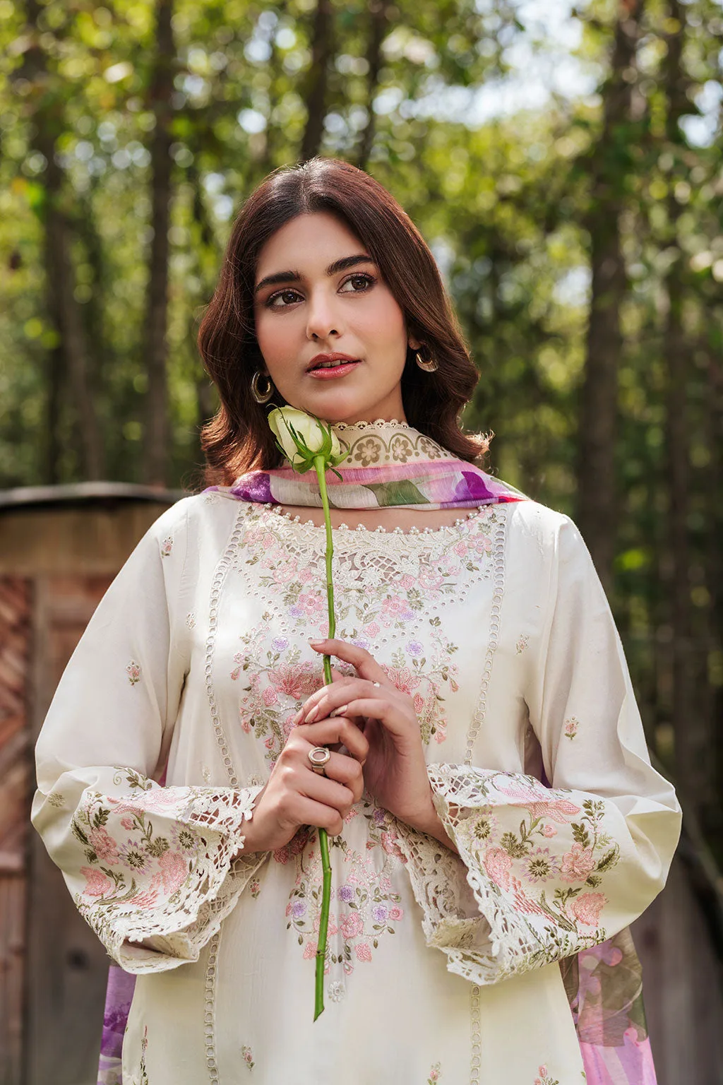 Off‑white organza shirt and lawn trousers with embroidered detailing – view 3 – Poshaq
