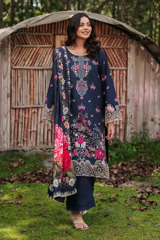 Navy blue long shirt with organza embroidery and lawn sleeves – view 1 – Poshaq
