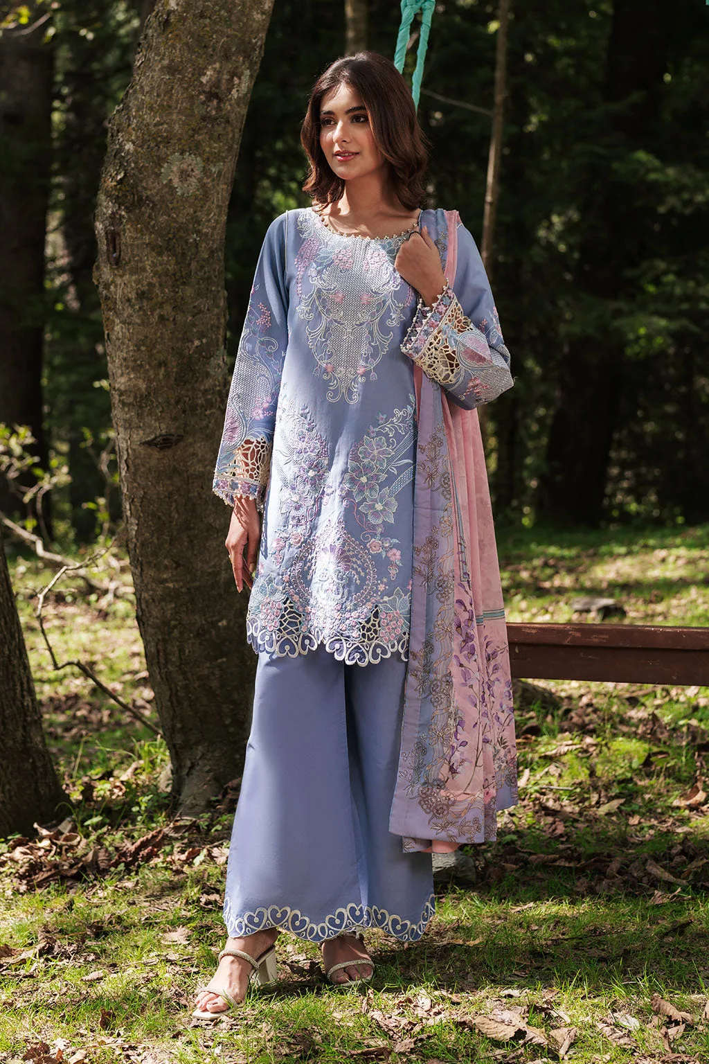 Blue gray three‑piece lawn suit with organza borders and silk dupatta – view 1 – Poshaq