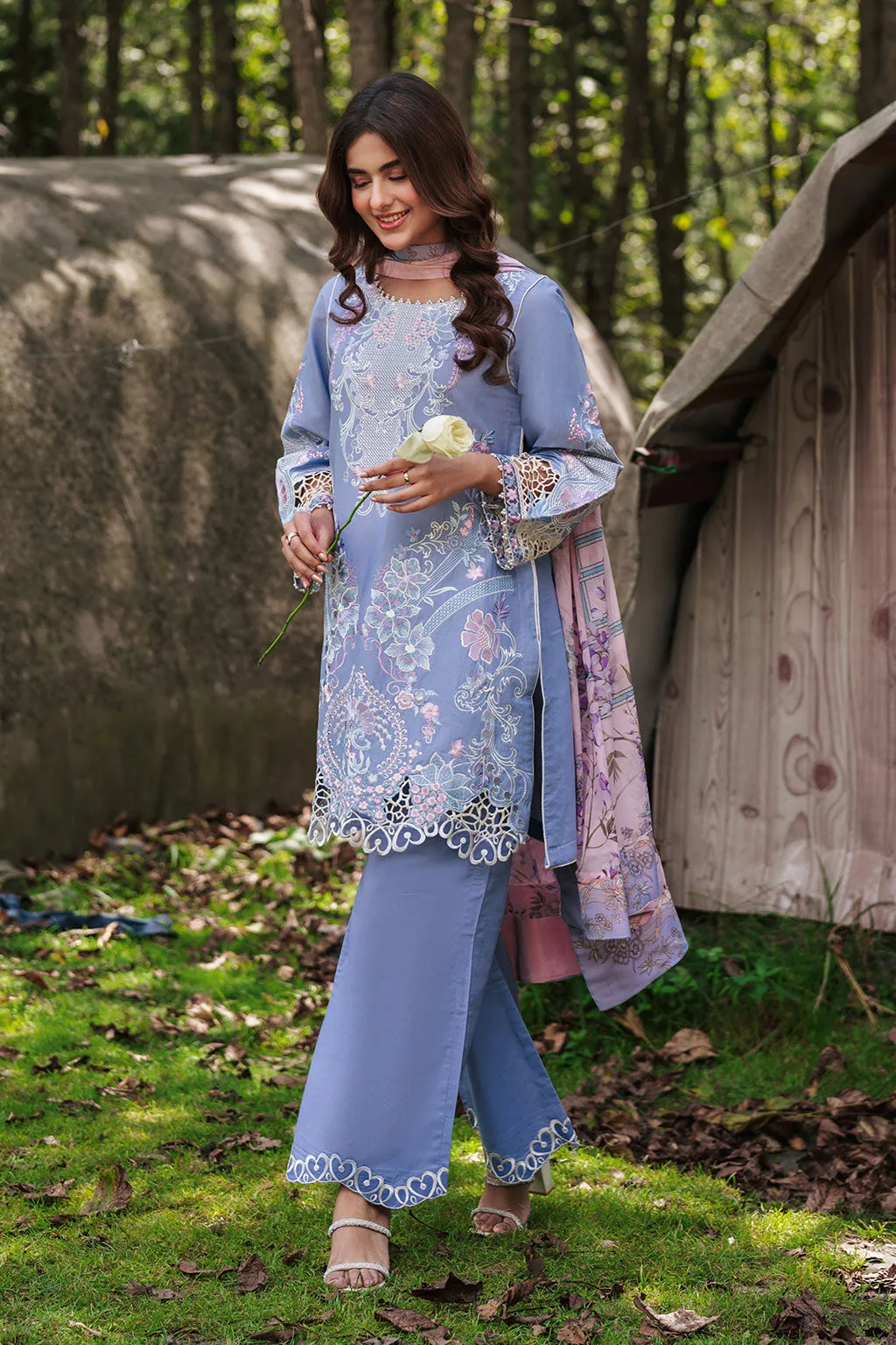 Blue gray three‑piece lawn suit with organza borders and silk dupatta – view 2 – Poshaq