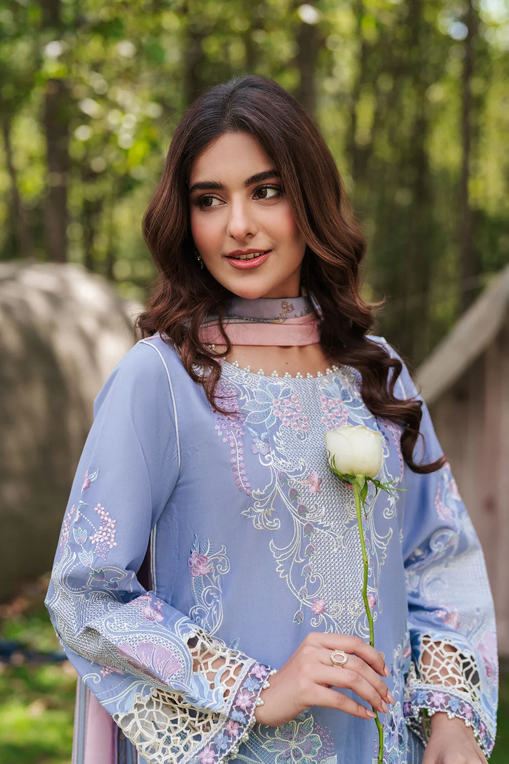Blue gray three‑piece lawn suit with organza borders and silk dupatta – view 3 – Poshaq