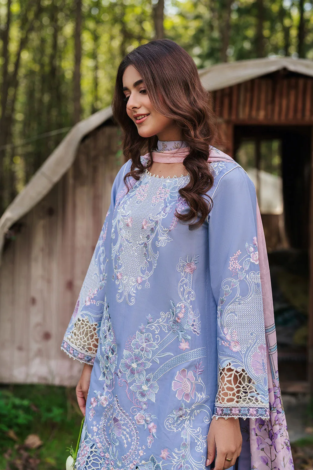 Blue gray three‑piece lawn suit with organza borders and silk dupatta – view 4 – Poshaq
