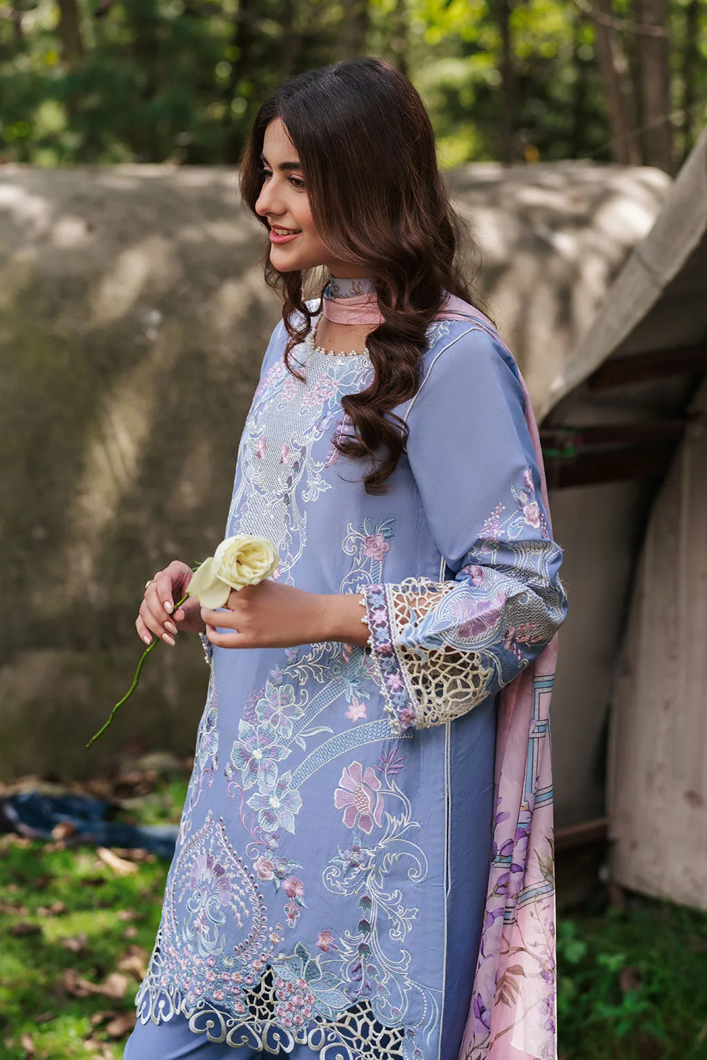 Blue gray three‑piece lawn suit with organza borders and silk dupatta – view 5 – Poshaq