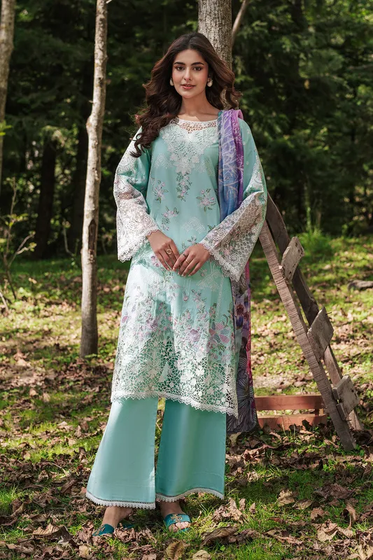 Ice blue 3‑piece set with organza shirt, lawn dupatta and trousers – view 1 – Poshaq