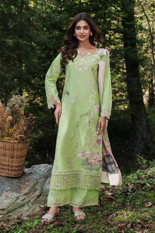 Parrot green organza lawn suit with silk detailing – view 1 – Poshaq