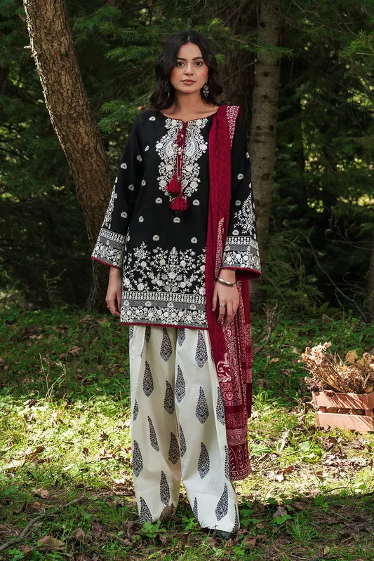 Black three‑piece suit with organza lawn top, silk dupatta and trousers – view 1 – Poshaq