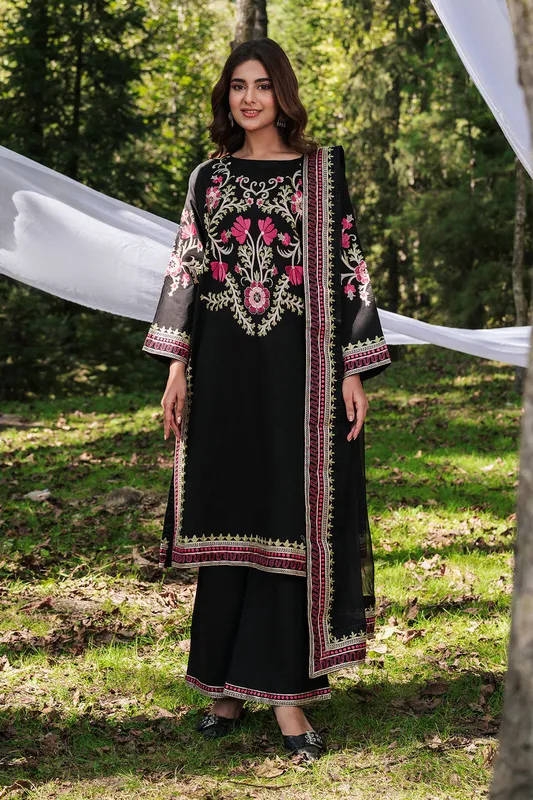 Black long shirt with embroidered organza and lawn detailing – view 1 – Poshaq