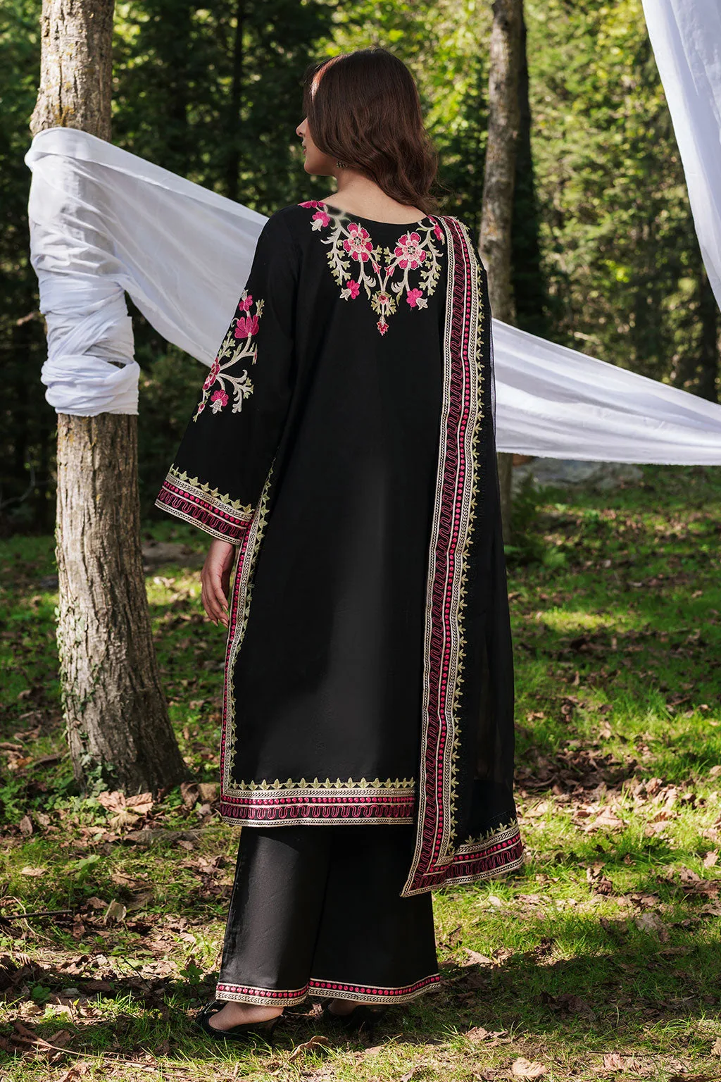 Black long shirt with embroidered organza and lawn detailing – view 2 – Poshaq