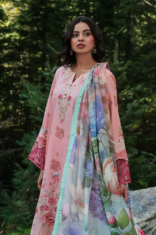 Salmon pink organza shirt with embroidered sleeves, silk dupatta and lawn trousers – view 1 – Poshaq