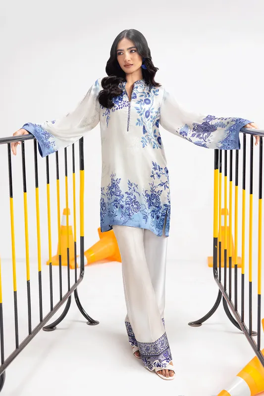 Pearl white silk shirt and straight trousers set by Afsanah – view 1 – Poshaq