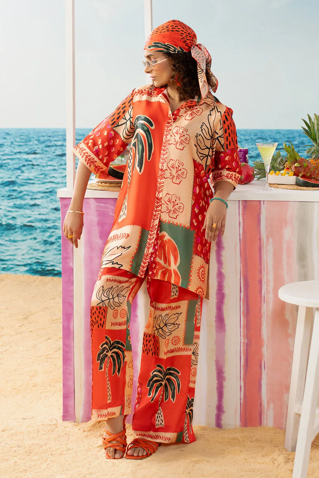 Orange silk shirt and straight‑leg trousers with a crisp crease – view 1 – Poshaq