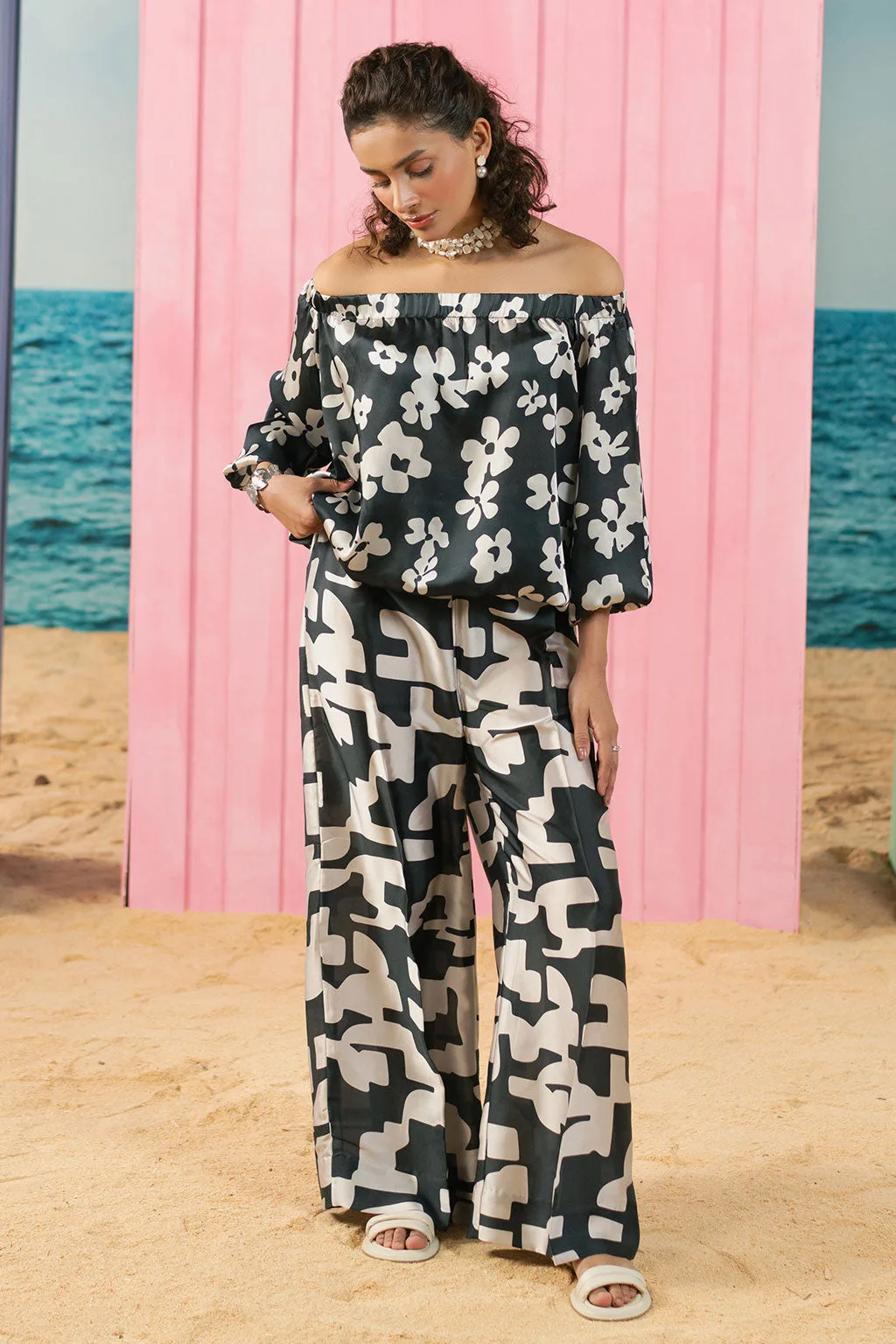 Black silk off‑shoulder shirt and straight trousers set with crease silk fabric – view 1 – Poshaq