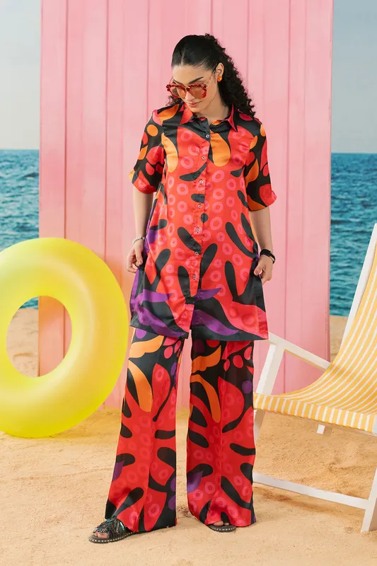 Orange silk shirt and straight trousers set with digital print – view 1 – Poshaq