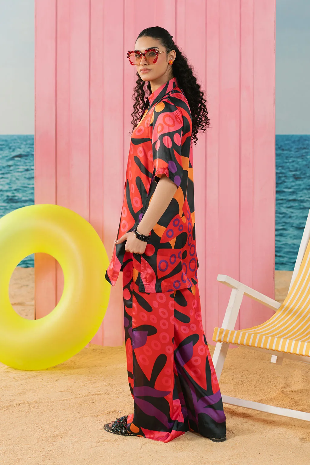 Orange silk shirt and straight trousers set with digital print – view 4 – Poshaq
