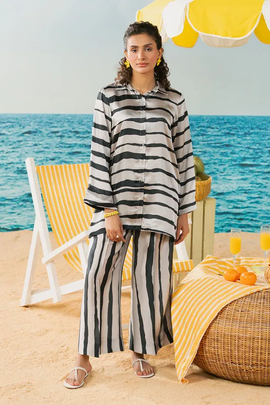 off white silk casual set with printed design – view 1 – Poshaq